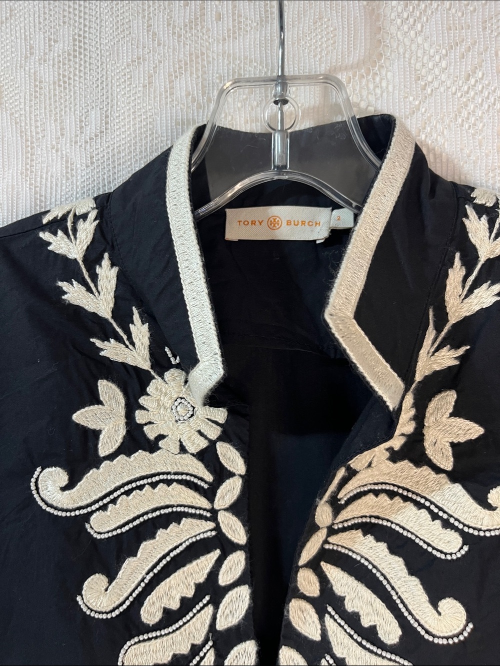 Tory Burch Black Embroidered Tunic Top with White Floral Motif 2 - Picture 2 of 5